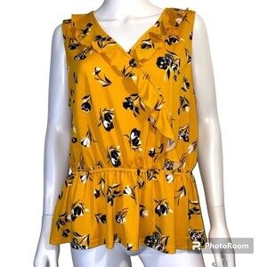 Adrienne Vittadini Sleeveless Yellow Black Floral Peplum Blouse Top Size XL